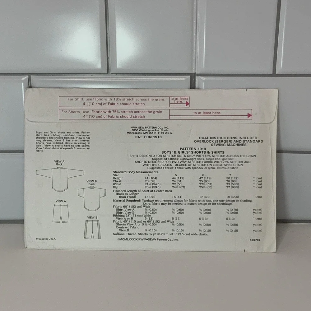 Vintage Kwik Sew 1918 Kids Shirt and Shorts Sewing Pattern‎ Sizes 4-5-6-7 Serger